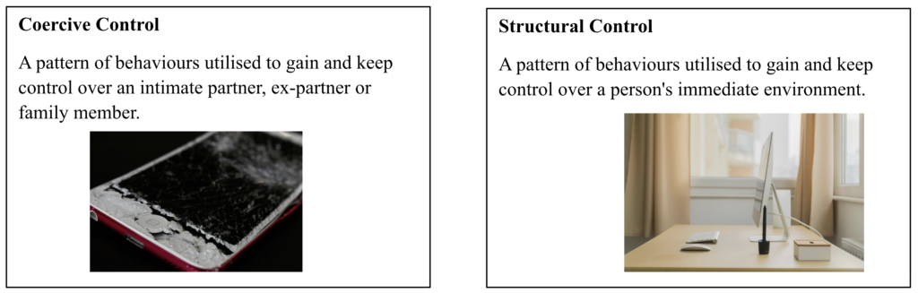 Diagram comparing coercive control (controlling a partner, shown with a broken phone) and structural control (controlling the environment, shown with a tidy desk).