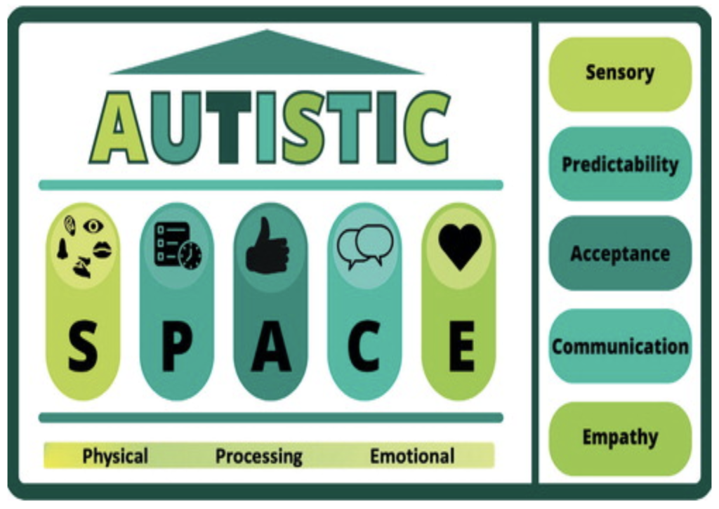 Diagram of the Autistic SPACE framework: Sensory, Predictability, Acceptance, Communication, and Empathy, representing different support needs across physical, processing, and emotional areas.